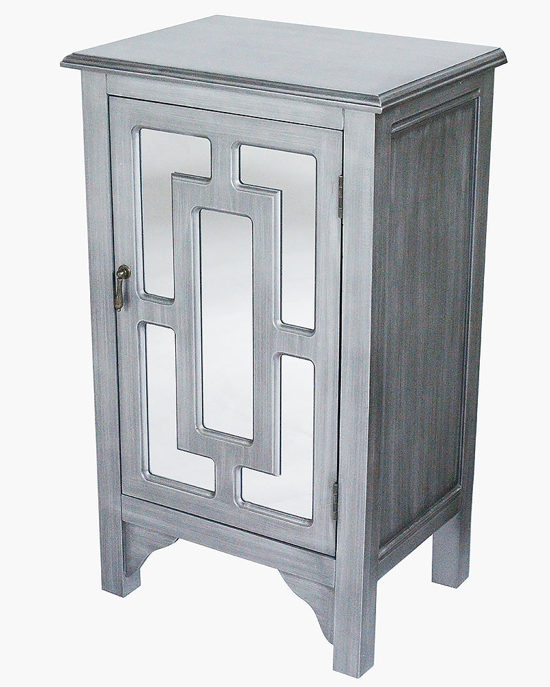 30" Gray Wash Wood Mirrored Glass Accent Cabinet with a Door and Mirror Inserts