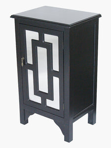 Black Wood Mirrored Glass Accent Cabinet with a Door and Lattice Mirror Inserts