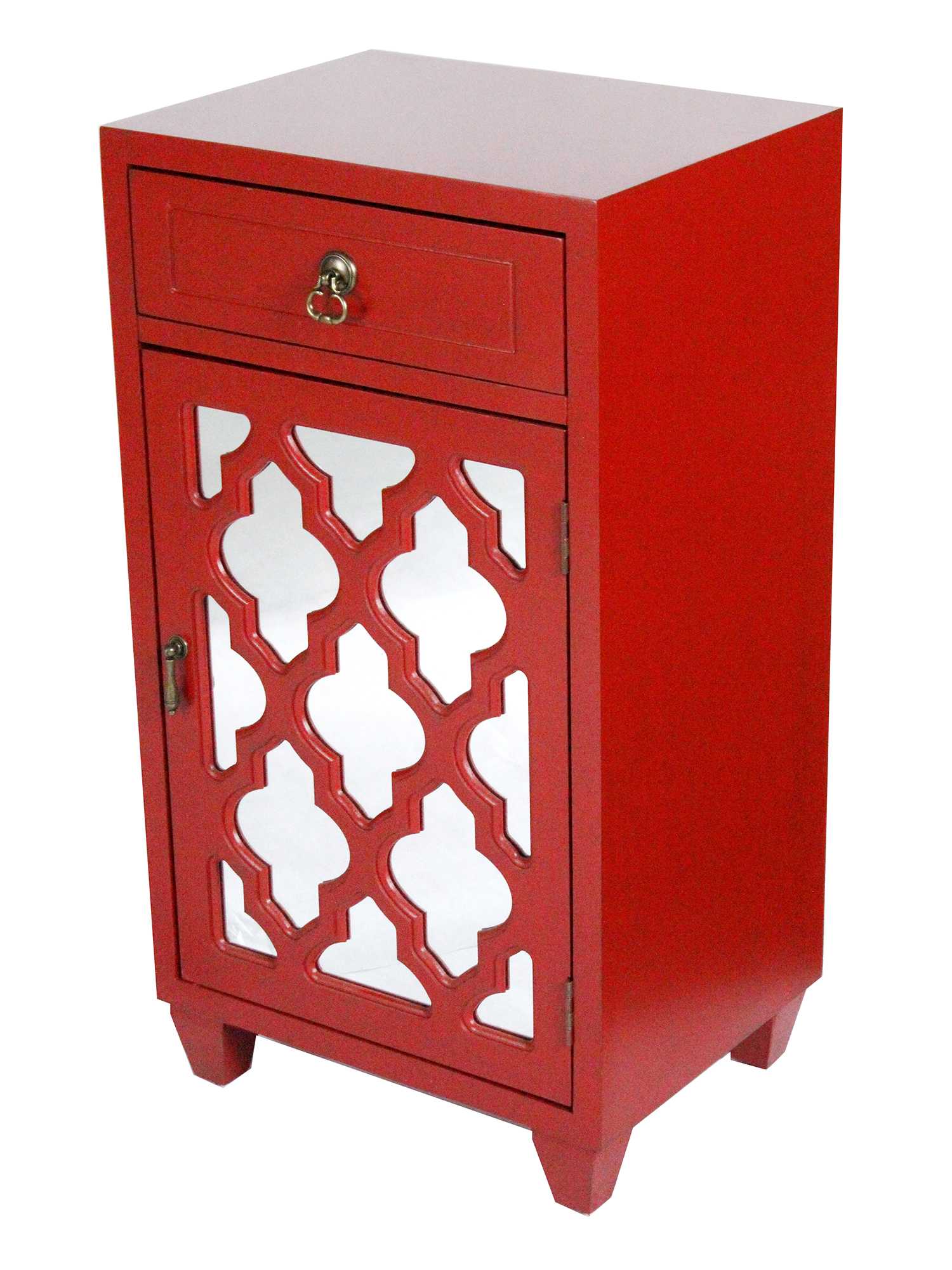 Red Wood Mirrored Glass Accent Cabinet with a Drawer, a Door & Arabesque Inserts