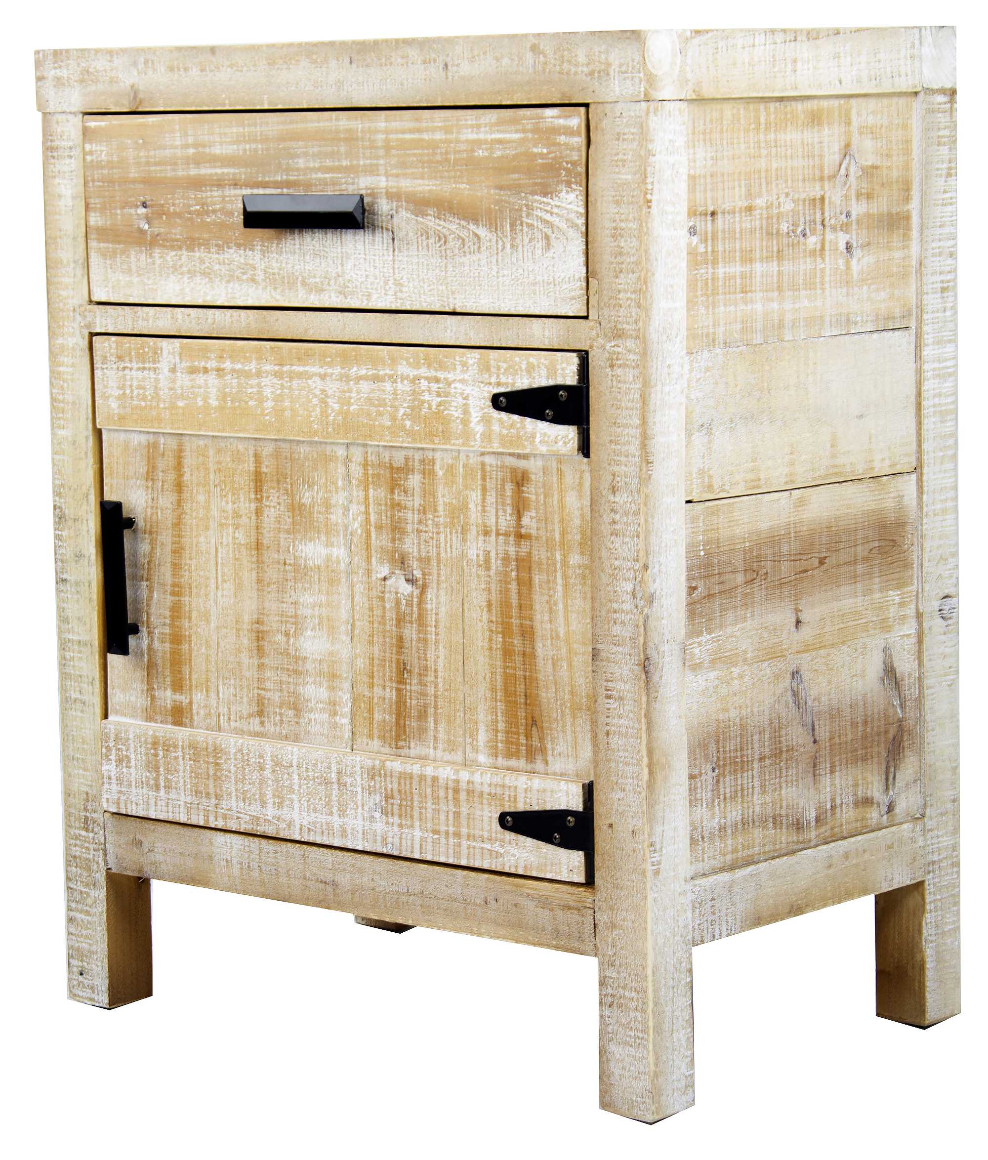 Distressed Wood Accent Cabinet with a Drawer and Door, Iron Handles and Hinges