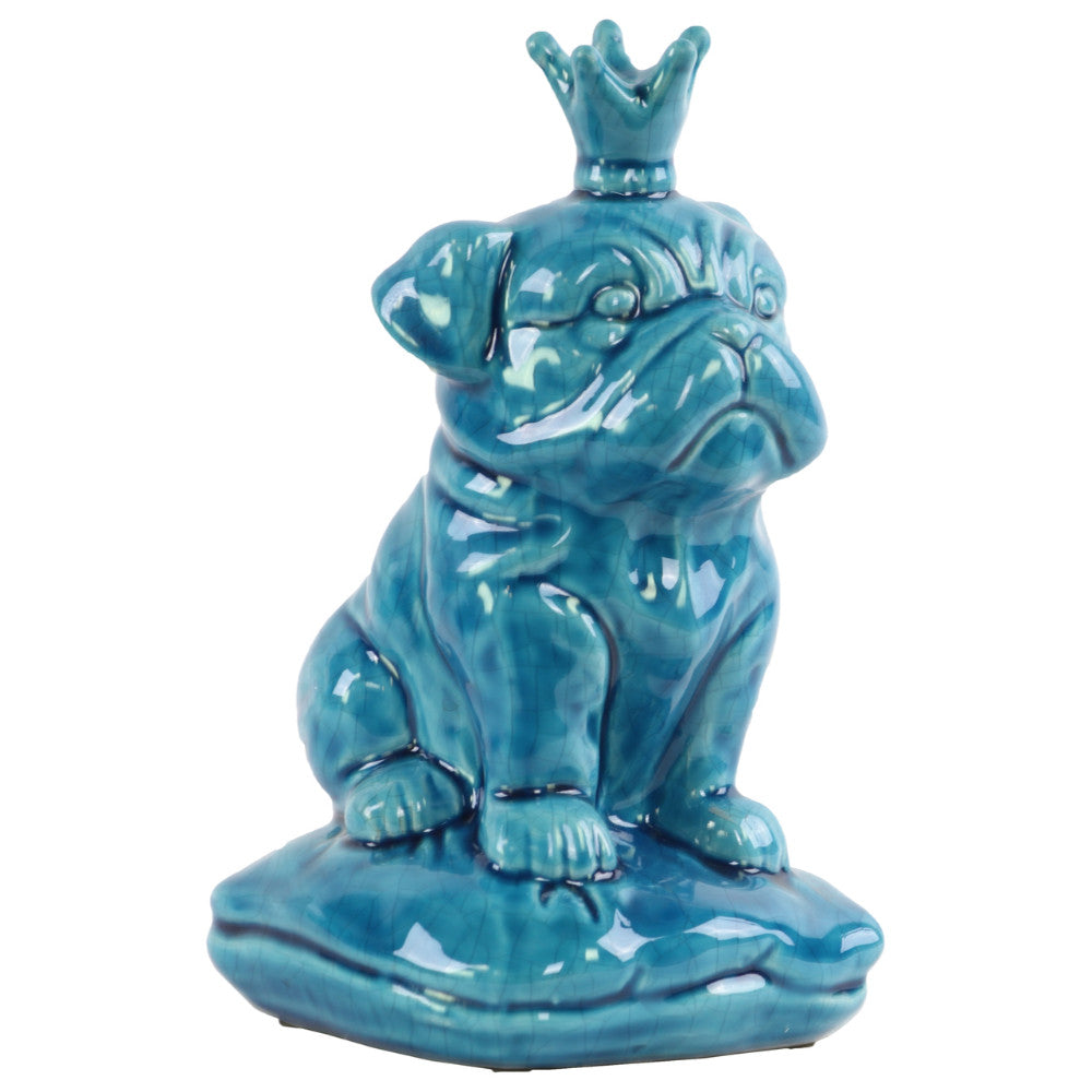 British Bulldog Figurine with Crown Sitting on Cushion - Blue