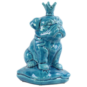 British Bulldog Figurine with Crown Sitting on Cushion - Blue