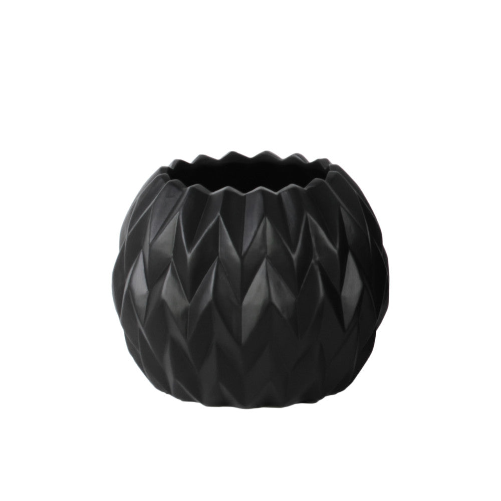 Low and Round Small Vase - Embossed Wave Design - Black