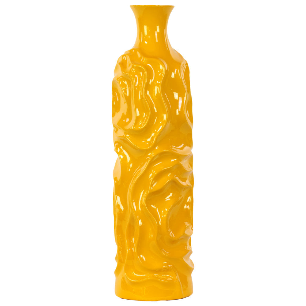 Large Round Cylindrical Vase with Wrinkled Sides - Yellow