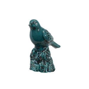 Bird Figurine on a Tree Stump Gloss Finish - Blue