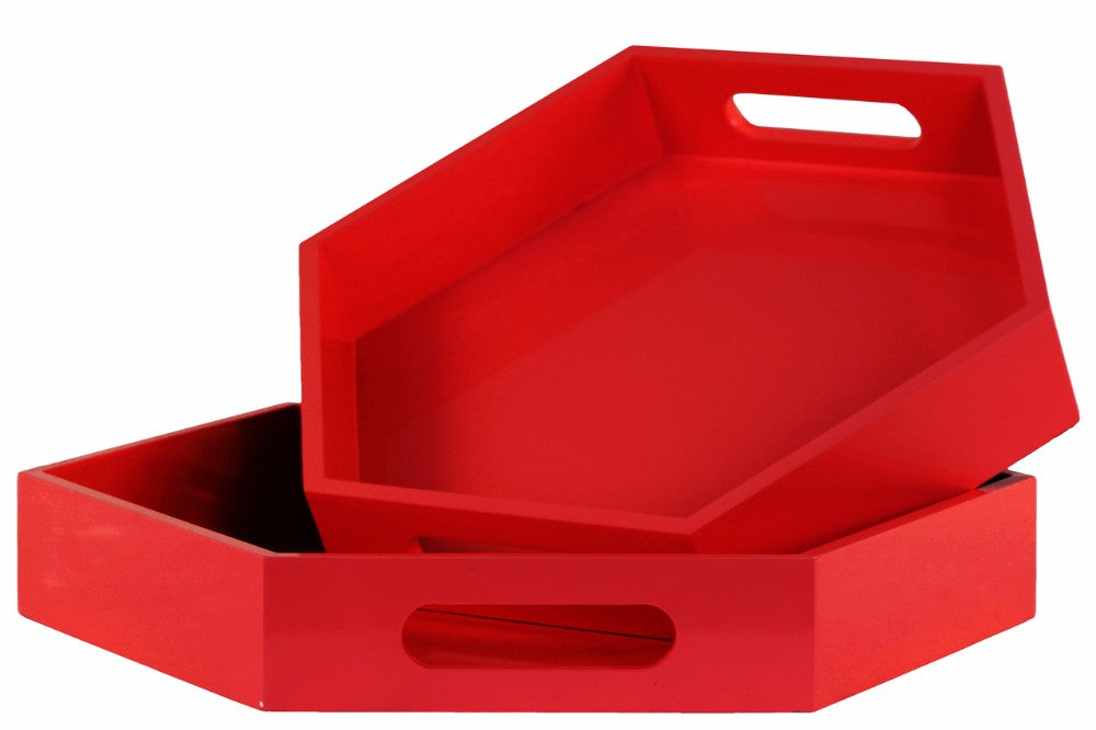 Sturdy Hexagon Serving Tray with Cutout Handles, Set of 2-Red