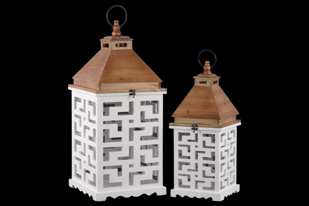 Wood Square Lantern with Lattice Design Body Set of 2 - White