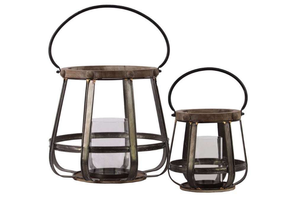 Wood Round Lantern with Handle - Set of 2 - Brown