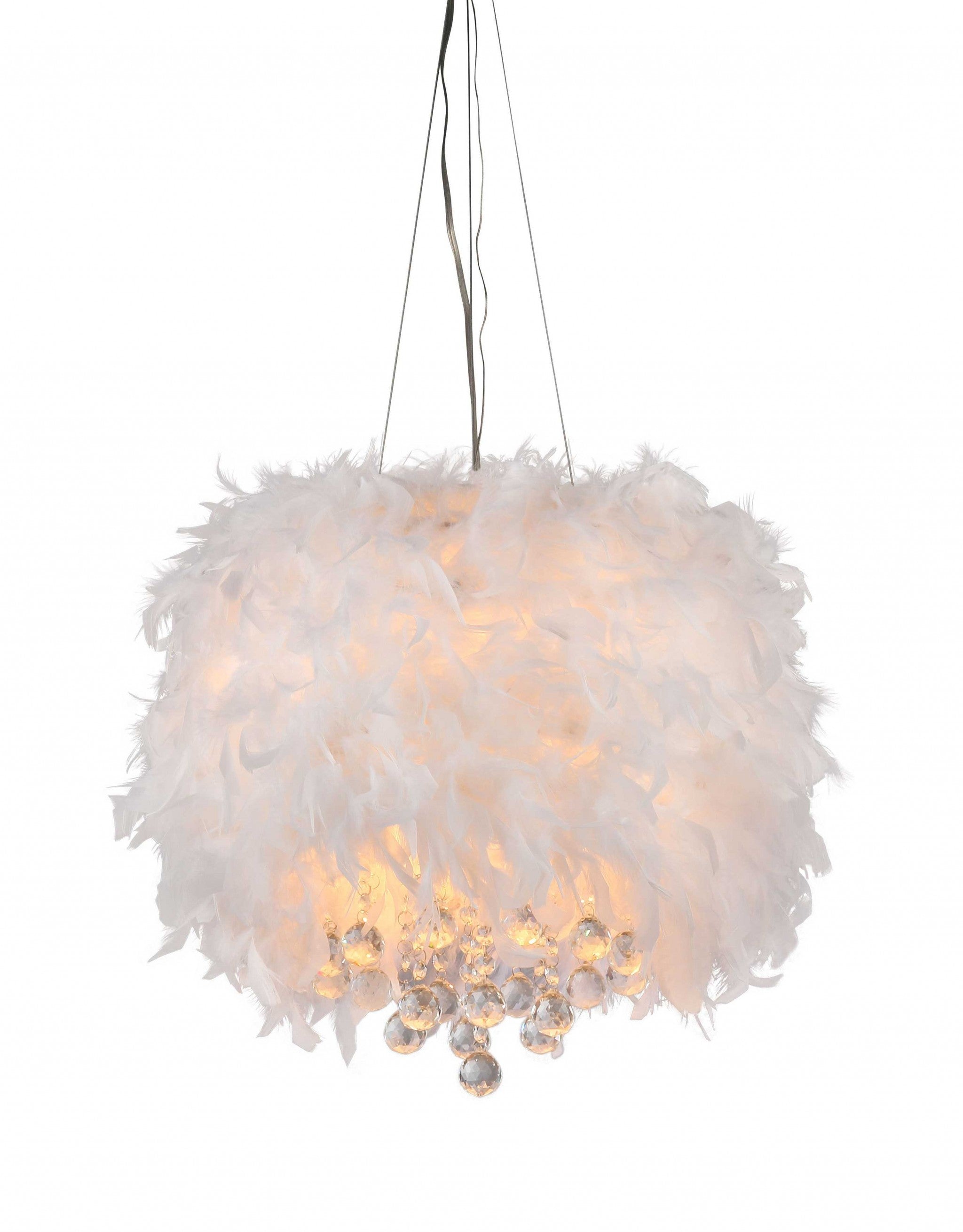 Iglesias Fluffy White Feathers and Crystal 3-light Pendant