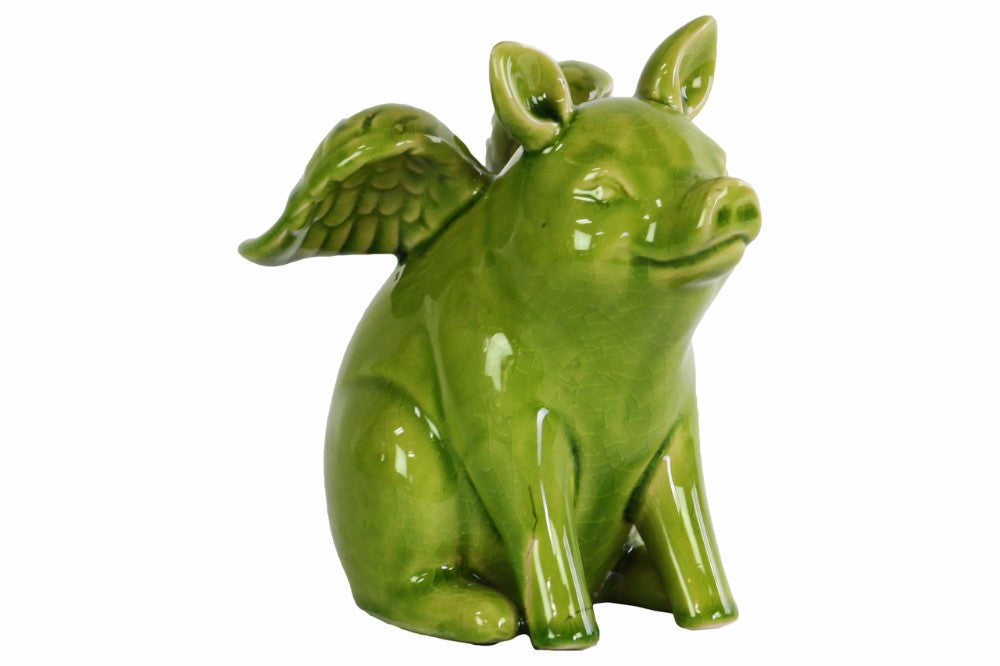 Sitting Winged Pig Figurine Gloss Finish-Green