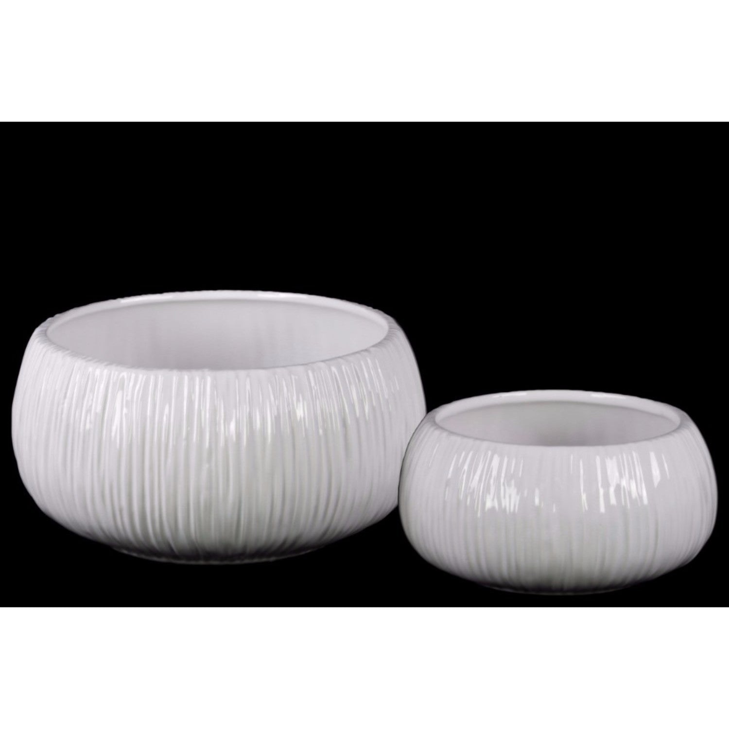 Round Flower Pot with Ribbed Side ,Set of Two,  White