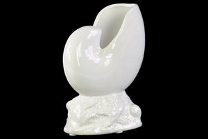 Porcelain Nautilus Seashell Sculpture on Coastal Base - White