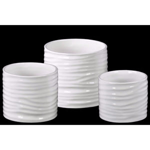 Low Cylindrical Pot with Ribbed Design Body ,Set of 3 , White