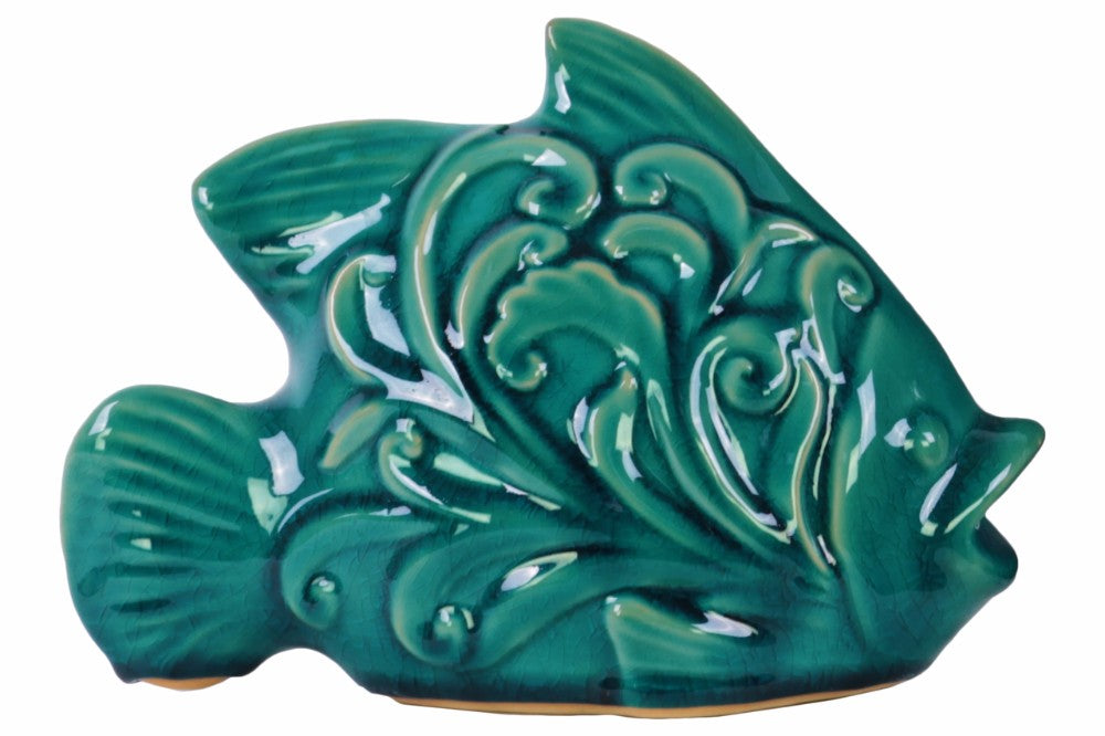 Fish Figurine with Mouth Open - Embossed Swirl  Design - Blue