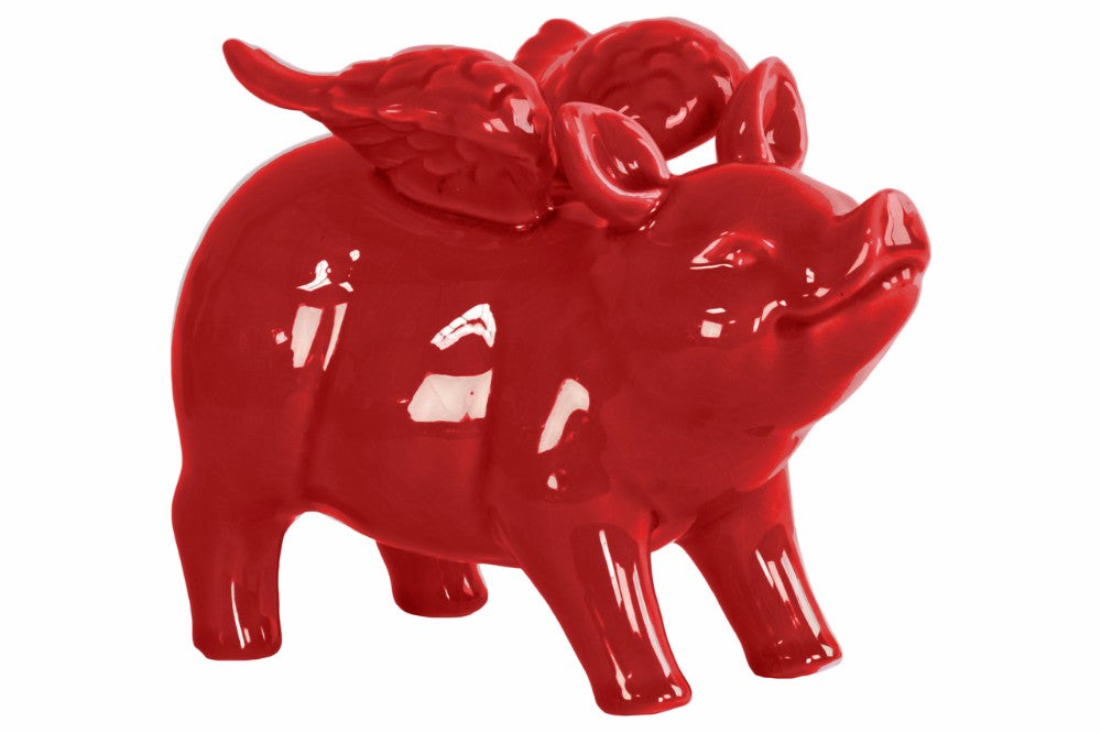 Ceramic Standing Winged Pig Figurine Gloss Finish-Red