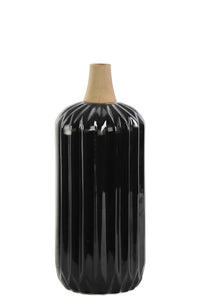 Cylindrical Moluccan Vase with Ribbed Design Body - Small - Black