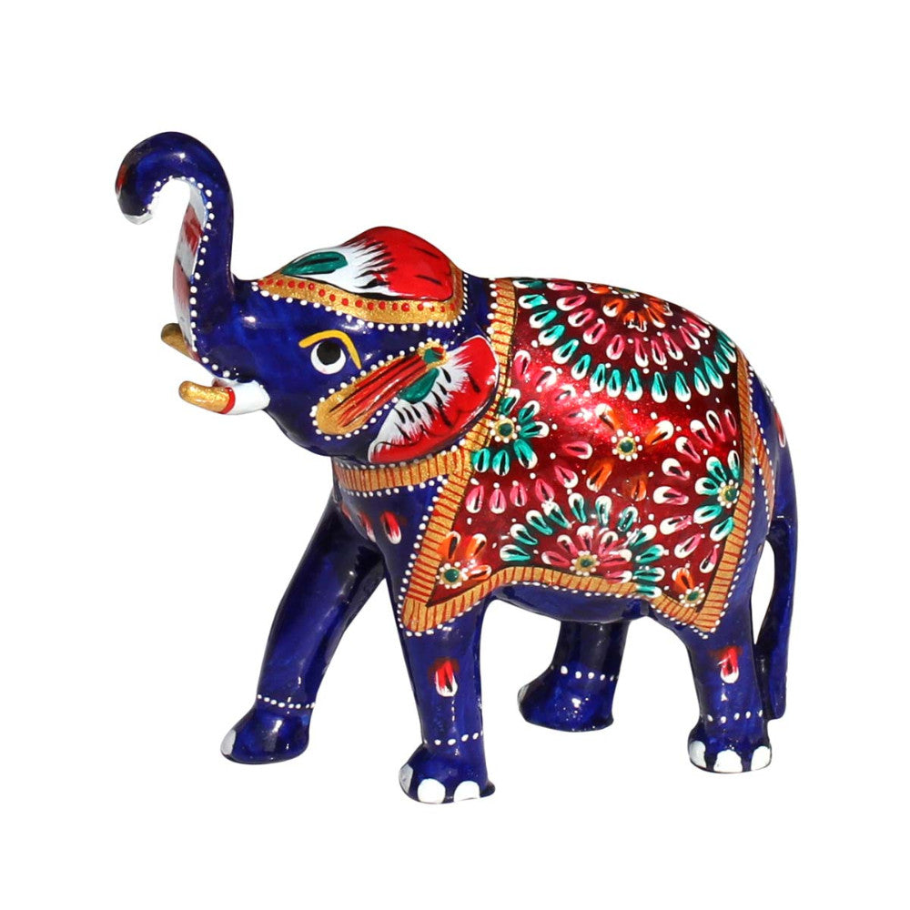 Large Trunk Up Elephant Figurine With Meenakari Work In Metal