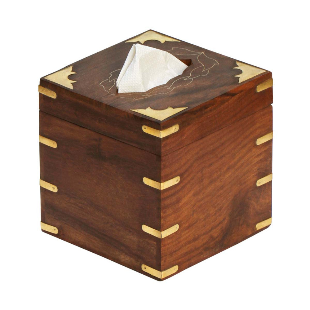 Handmade  Wood Upright Tissue Or Napkin Holder Box with Brass Inlays