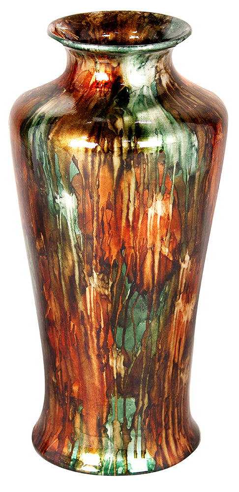 24" Foiled & Lacquered Ceramic Floor Vase - Ceramic, Lacquered In Turquoise, Copper And Bronze