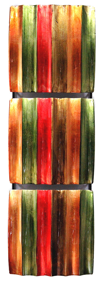 Vertical 3-Panel Metal Wall Decor - Green, Red, Copper And Brown Lacquered