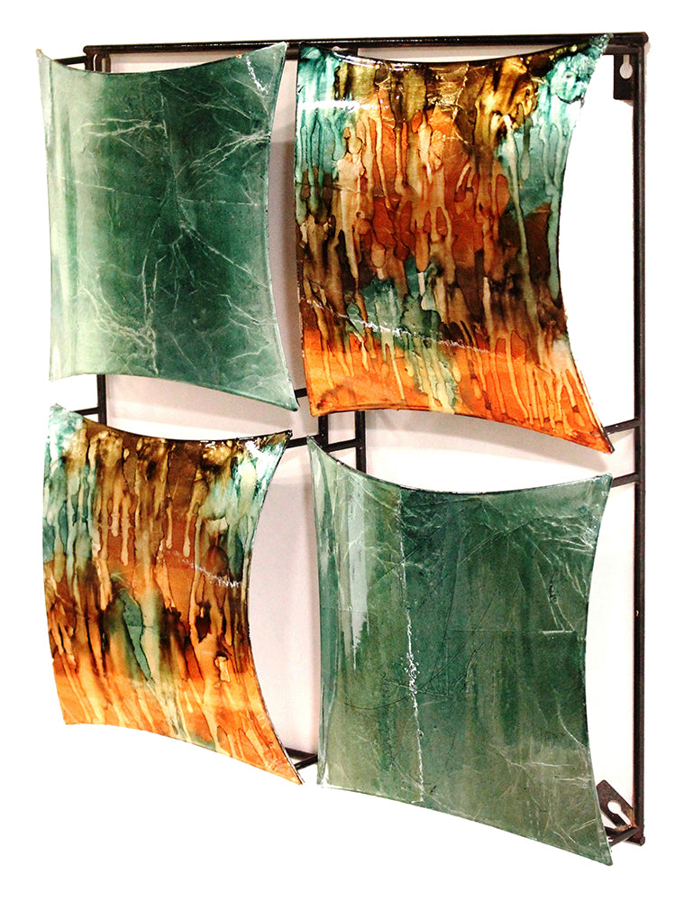 4-Panel Square Metal Wall Decor - Metal, Lacquered In Turquoise, Copper And Bronze