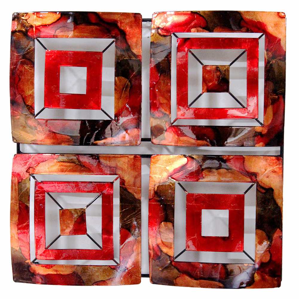 4-Panel Square Metal Wall Decor - Metal, Lacquered Copper, Red And Gold