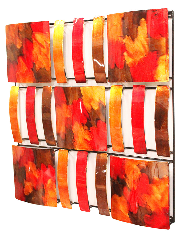 9-Panel Square Metal Wall Decor - Metal, Lacquered In Copper, Red And Gold