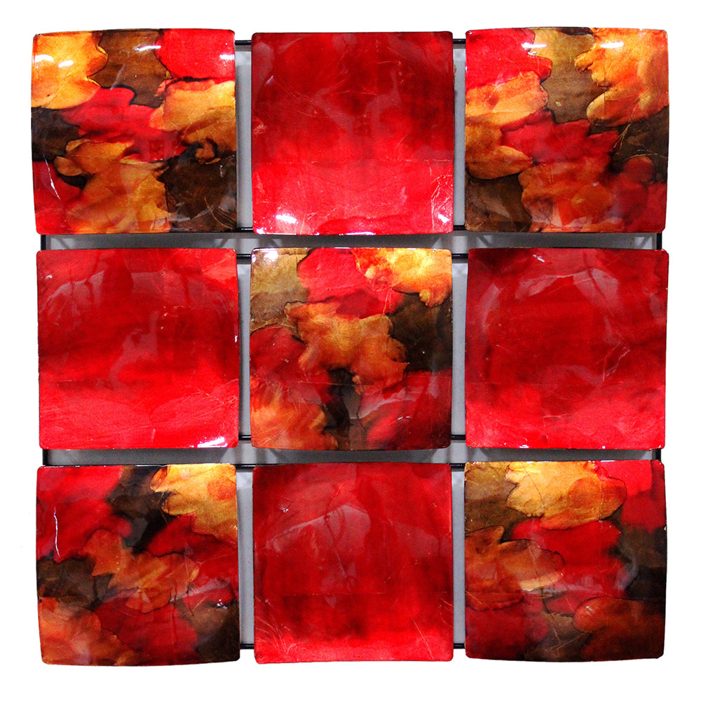 9-Panel Square Metal Wall Decor - Metal, Lacquered In Copper, Red And Gold