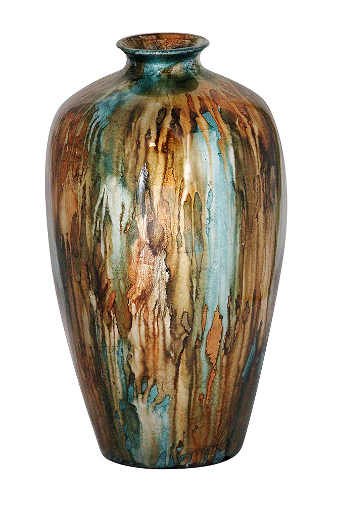 21" Foiled & Lacquered Ceramic Vase  In Turquoise, Copper And Brown