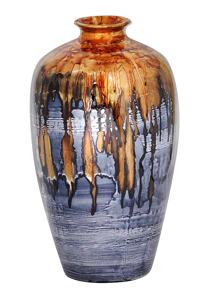 21" Foiled & Lacquered Ceramic Vase  In Copper And Pewter