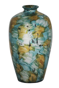 21" Foiled & Lacquered Ceramic Vase  In Mint And Gold W/ Black Show Through