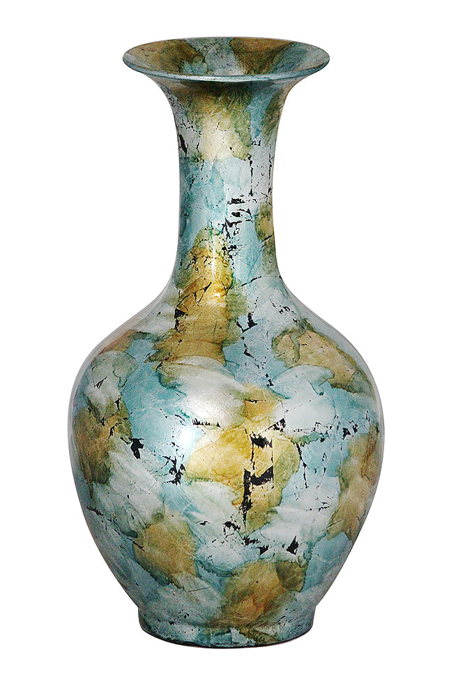 18" Foiled & Lacquered Ceramic Vase - Ceramic, Lacquered In Mint And Gold W/ Black Show-Through