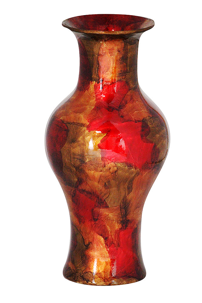 18" Foiled & Lacquered Ceramic Vase - Ceramic, Lacquered In Copper, Red And Gold