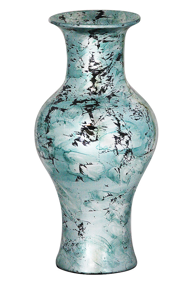 18" Foiled & Lacquered Ceramic Vase - Ceramic, Lacquered In Aqua W/ Black Show-Through