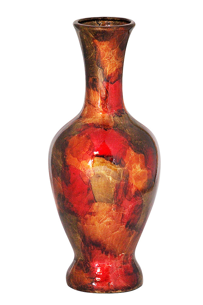 18" Foiled & Lacquered Ceramic Vase - Ceramic, Lacquered In Copper, Red And Gold