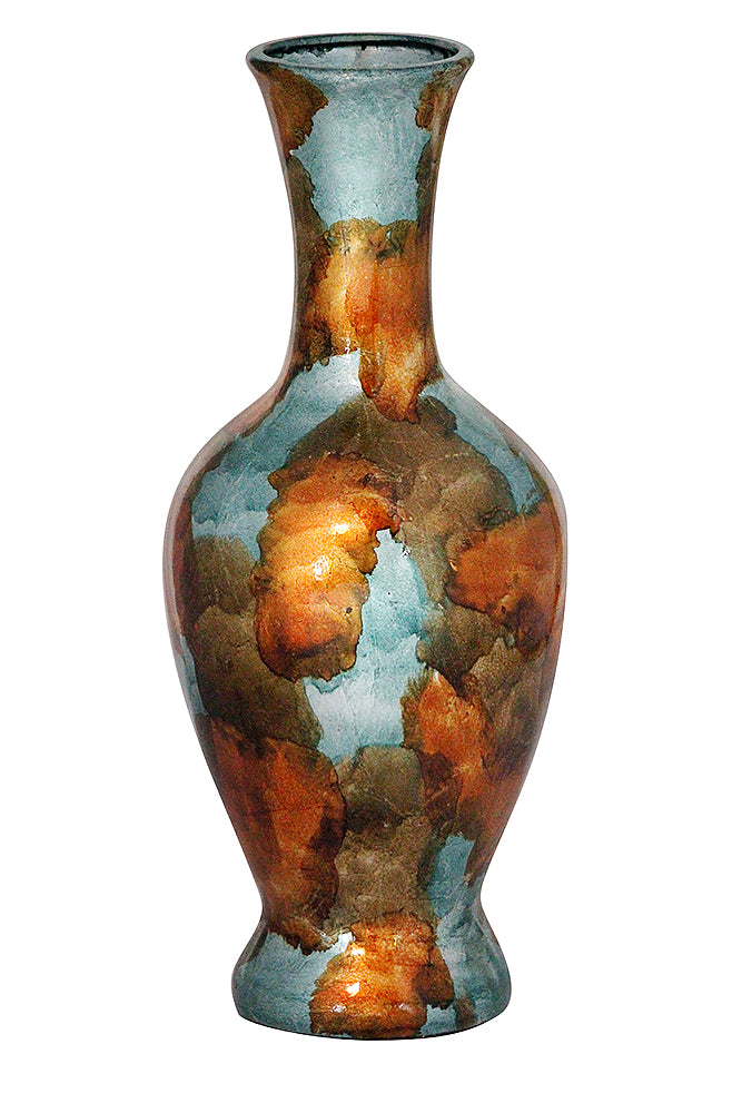 18" Foiled & Lacquered Ceramic Vase - Ceramic, Lacquered In Copper, Gold And Aqua