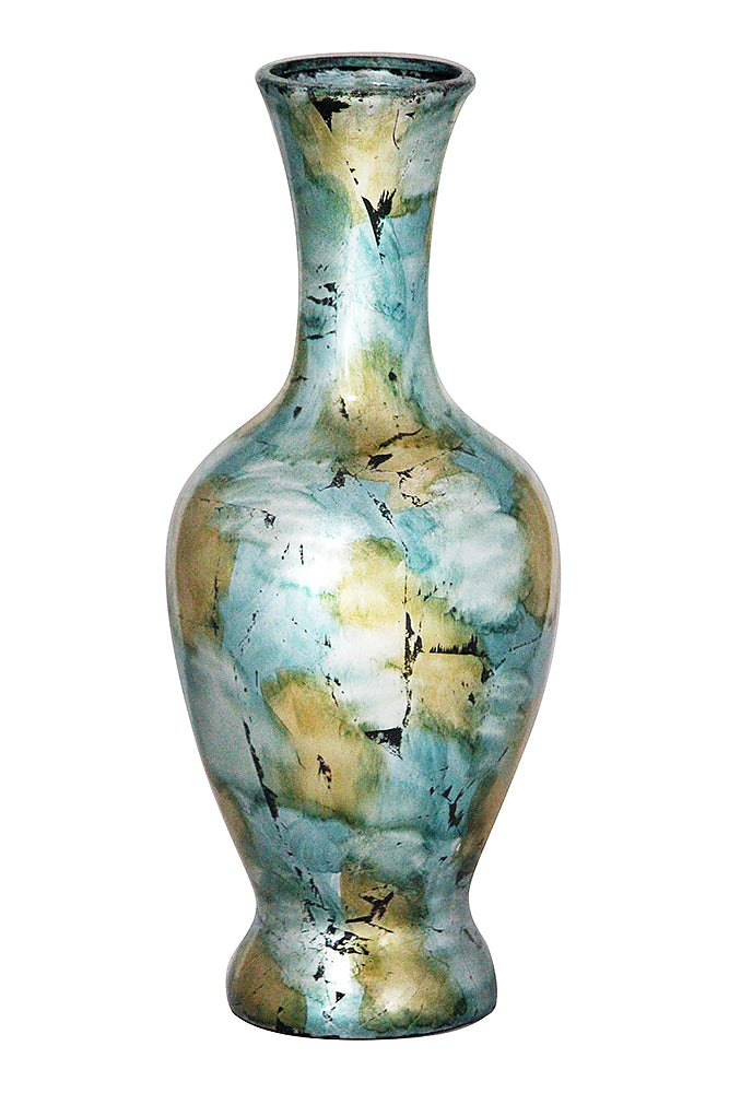 18" Foiled & Lacquered Ceramic Vase - Ceramic, Lacquered In Mint And Gold W/ Black Show-Through