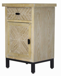 28.7" White Washed Parquet Iron Accent Cabinet with a Wood Drawer and Door