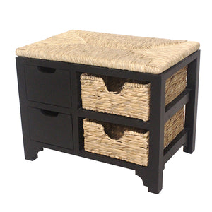 20" Black Wood Bench with 2 Drawers, 2 Hyacinth Baskets, and a Seagrass Top