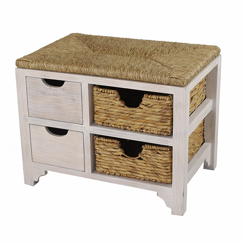 20" White Wood Bench with 2 Drawers, 2 Hyacinth Baskets, and a Seagrass Top