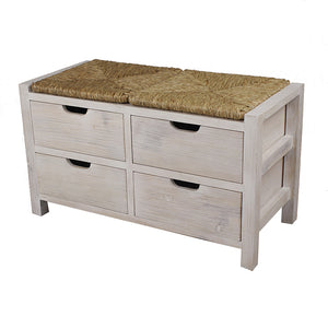 20" White Wash Wood Bench with 4 Drawers and a Seagrass Top