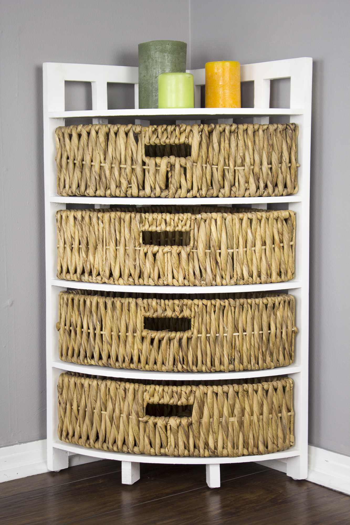 34.25" White Wood Corner Storage with 4 Hyacinth Baskets