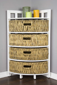 34.25" White Wood Corner Storage with 4 Hyacinth Baskets