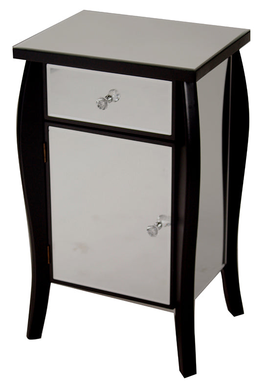 30.45" Black Wood Tall Accent Cabinet with a Mirrored Glass Drawer and Door