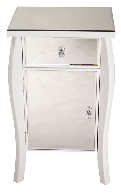 30.45" White Wood Tall Accent Cabinet with a Mirrored Glass Drawer and Door