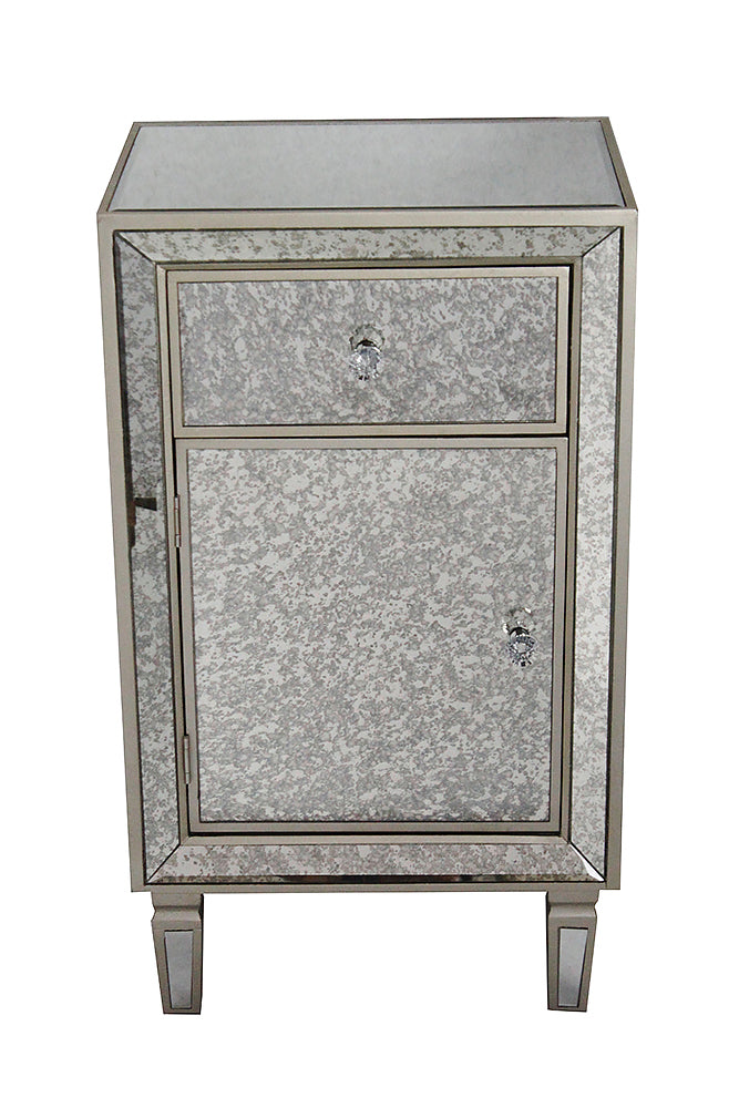 Champagne Wood Accent Cabinet with a Drawer, a Door and Antique Mirror Trim