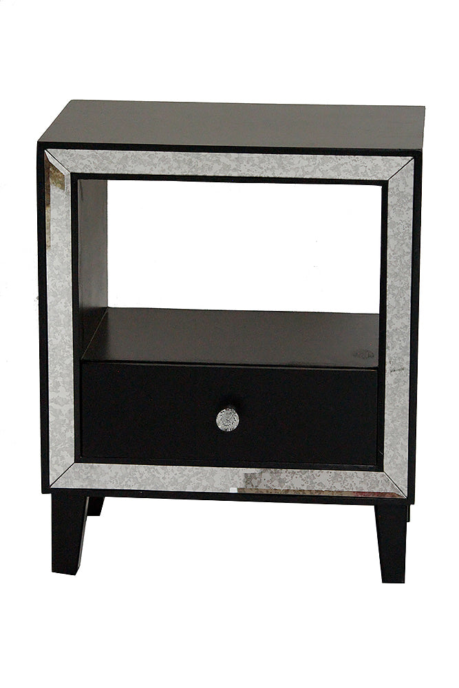 Black Accent Cabinet with a Drawer, an Open Shelf and an Antique Mirrored Frame