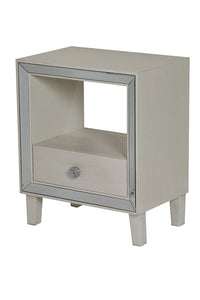 Antique White Accent Cabinet with a Drawer, an Open Shelf and an Mirrored Frame