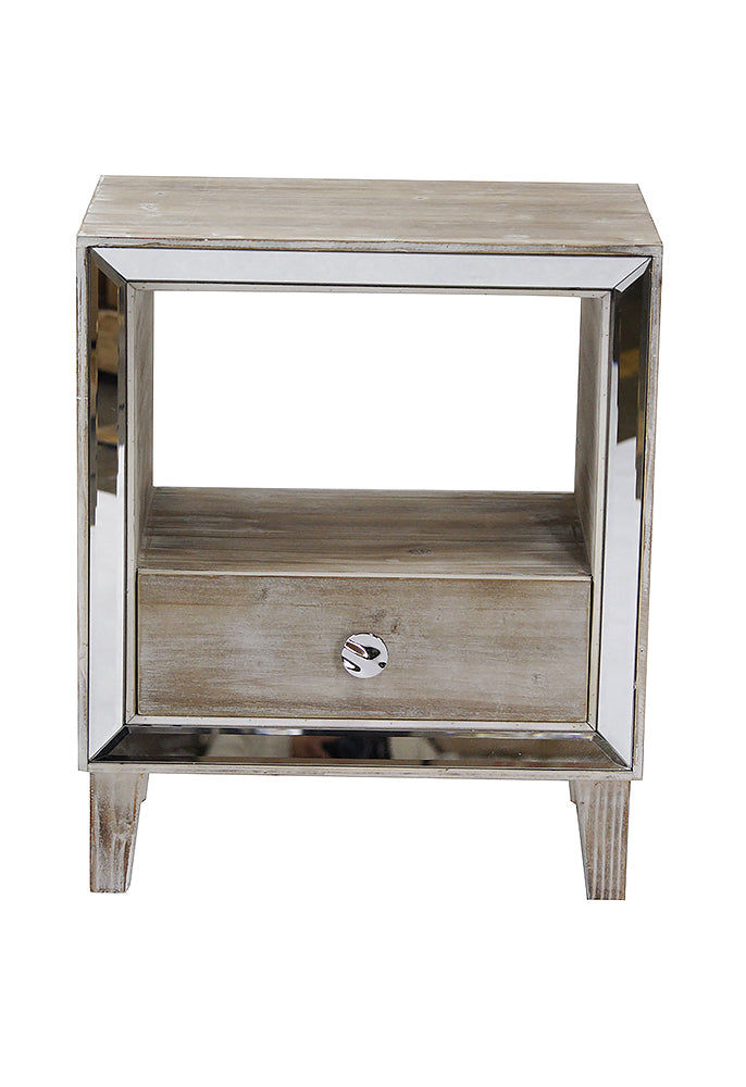 White Accent Cabinet with a Drawer, an Open Shelf and an Antique Mirrored Frame