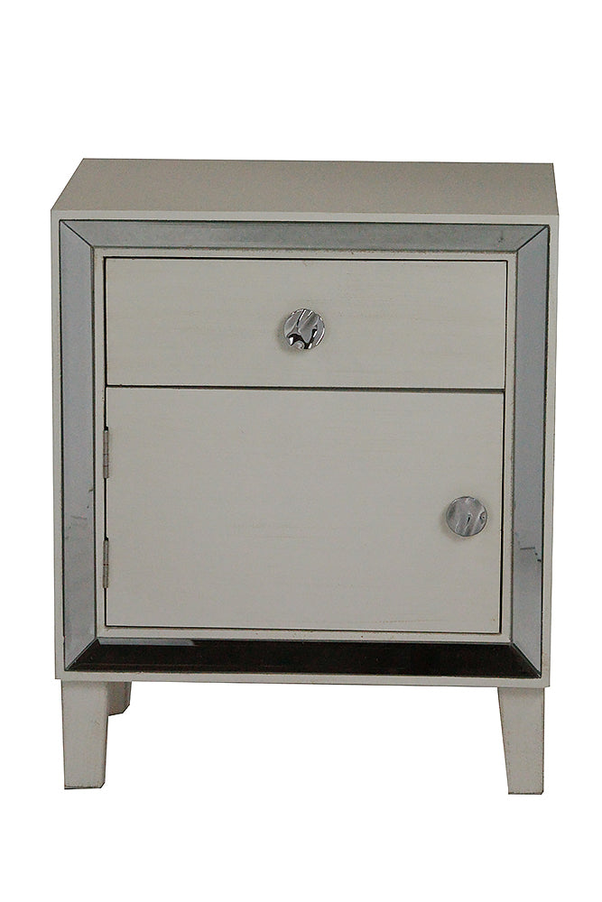 Antique White Wood Accent Cabinet with a Door, a Drawer and Clear Mirrored Glass